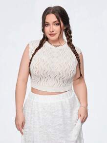 SHEIN Qutie Plus Size Women's Sleeveless Hollow Out Knitting Top - Apricot - View 1