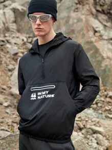 SHEIN In My Nature Men's Hooded Outdoor Casual Jacket With Letter Print - Black - View 5