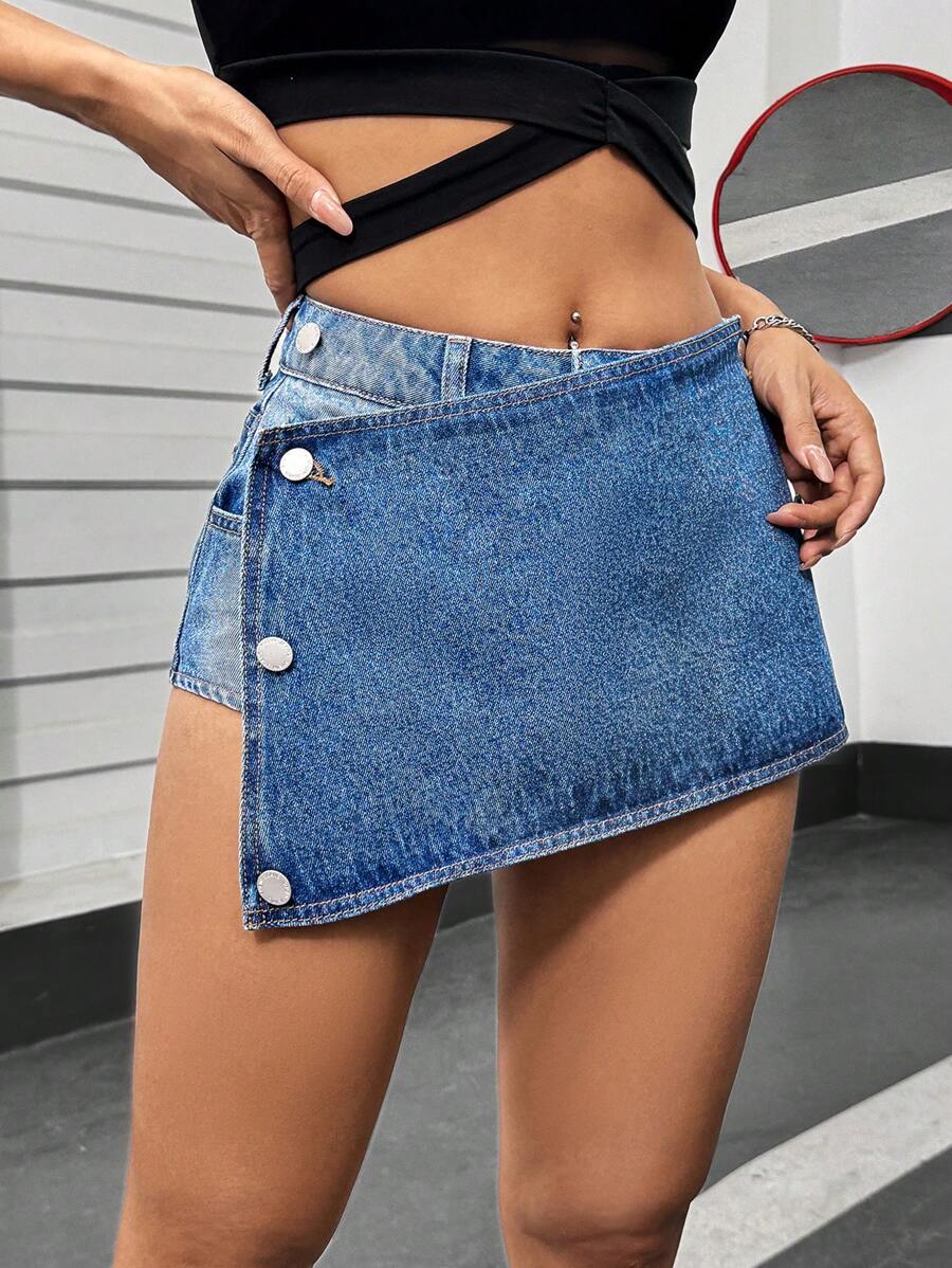 SHEIN EZwear Women's Asymmetric Wrap-Over Denim Shorts - Blue - View 1