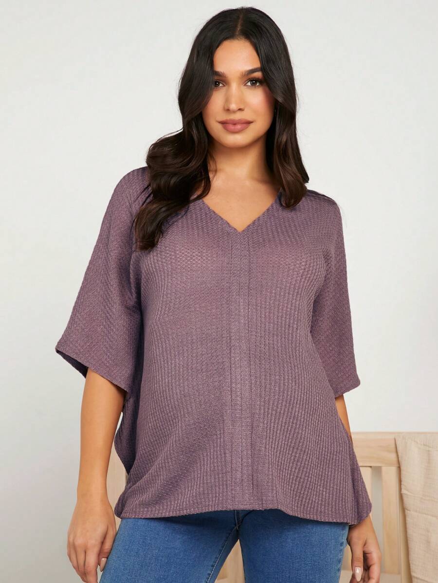 SHEIN Maternity Casual V-Neck Batwing Sleeve Loose T-Shirt - Purple - View 1