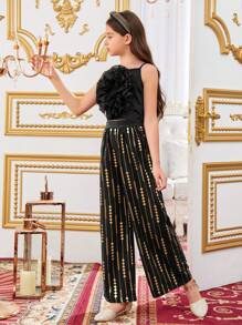SHEIN Tween Girls' Cute Flower-Shaped 3d Cami Top And Wide Leg Pants Set With Foil Print - Black - View 3