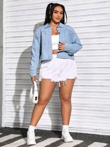 CovetEZ Plus Size Short Cut Denim Jacket With Drop Shoulder - Blue - View 4