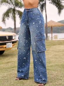 SHEIN SXY Của phụ nữ Rách Trang phục làm việc Túi Denim Quần jean - Rửa tối - Xem 6