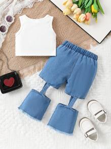 Ensemble de 2 pièces pour bébé fille : Top blanc à la mode et short en jean déchiré, tenue d'été - Blanc - Voir 2