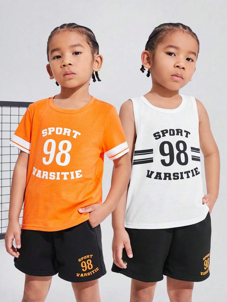 Young Boy Athletic Round Neck Patterned 3-Piece Set Including T-Shirts, Vest, And Shorts