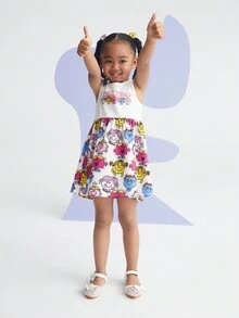 Mr Men Little Miss X SHEIN 少女卡通童趣字母印花圓領束腰連衣裙夏季款 - 白色 - 查看 4