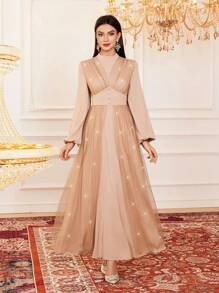 Modelyn Vestido de mujer con cuello alto de malla, manga farol y falda larga elegante para fiestas y eventos - Caqui - Ver 1