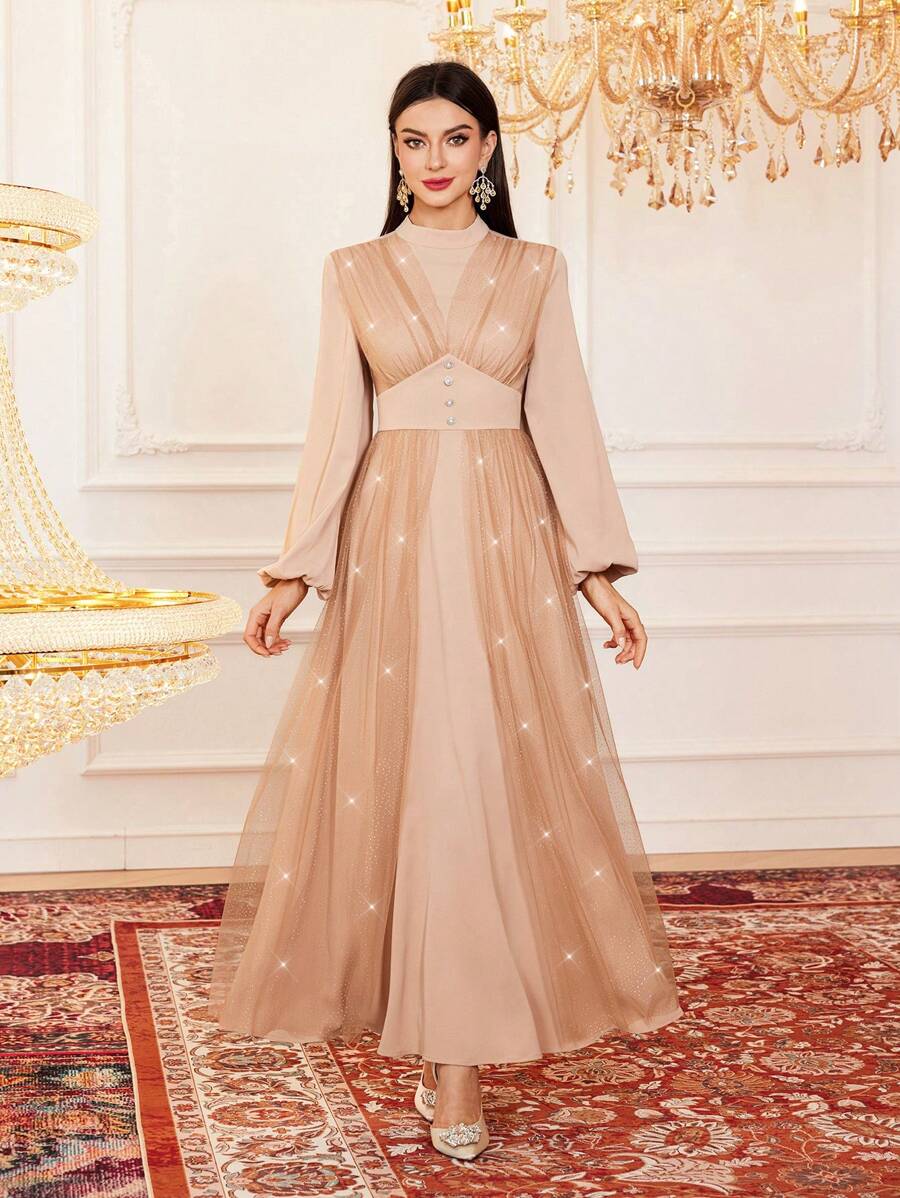 Modelyn Vestido de mujer con cuello alto de malla, manga farol y falda larga elegante para fiestas y eventos - Caqui - Ver 1