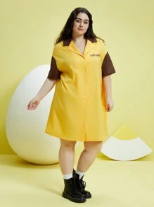 Gudetama X SHEIN 卡通圖形翻領襯衫裙(大尺寸) - 彩色 - 查看 3