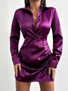 EURMUSE Solid Ruched Wrap Hem Satin Dress - Purple - View 1