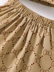SHEIN Elladie kids 女童蝴蝶结印花领无袖上衣和百褶裙 - 棕色 - 查看 6