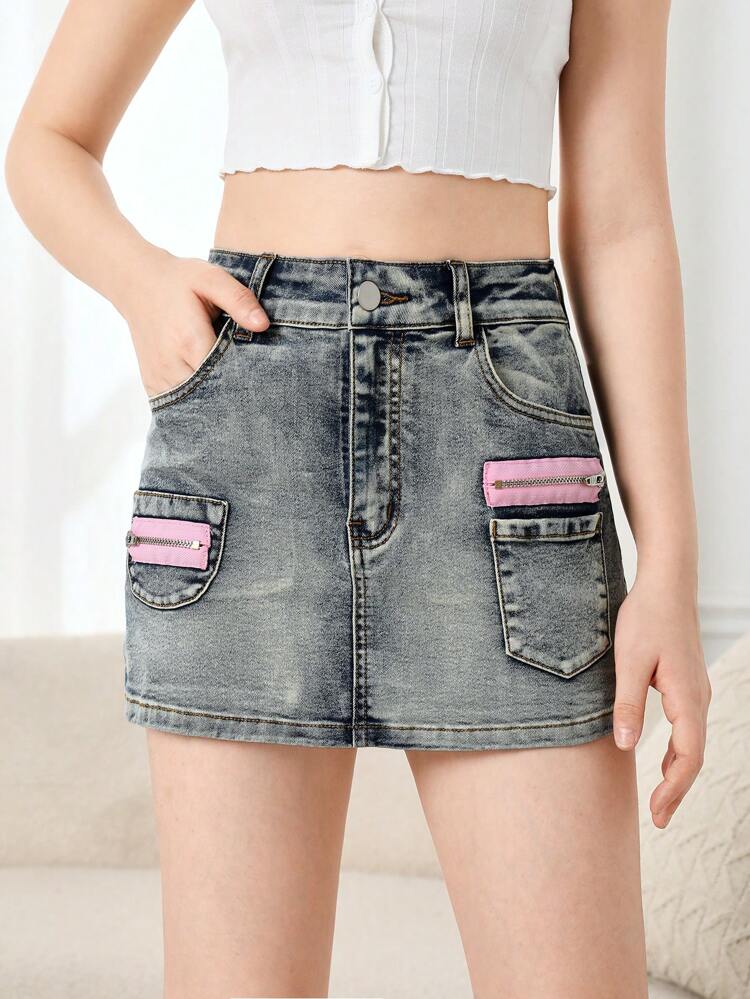Teen Girls' Denim Shorts With Pocket And Zipper Decoration