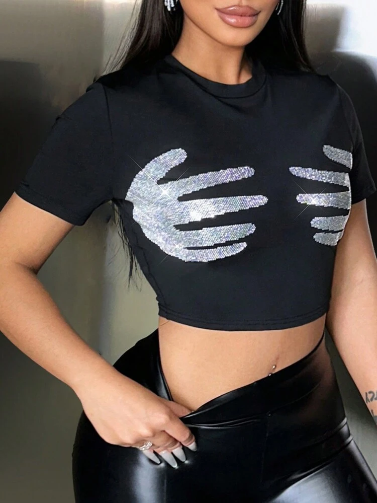 Short-Sleeve Tee With Rhinestone Hand Pattern