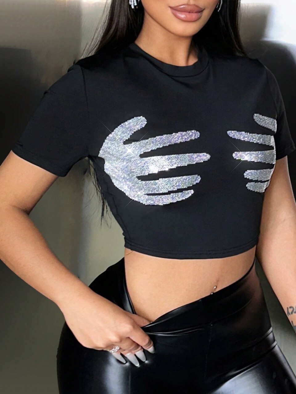 Short-Sleeve Tee With Rhinestone Hand Pattern