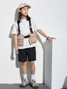 SHEIN Cậu bé Tween Giải trí Phong cách đường phố Không tay Áo khoác Với 3D Túi , Dệt Dây đai Và Màu thuần , - Màu be - Xem 6