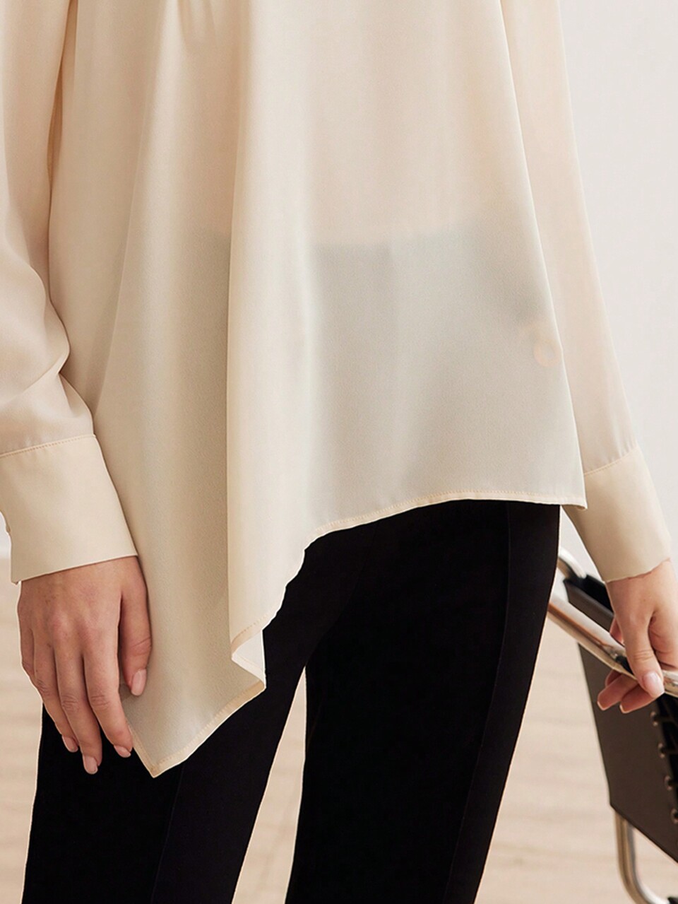 SOLID MESH RUFFLE TRIM BLOUSE