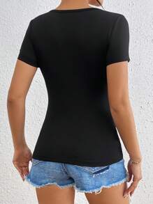 EMERY ROSE Women's Asymmetrical Neckline Hollow Out Short Sleeve T-Shirt - Black - View 2