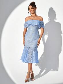 SHEIN Belle 露肩、蕾絲面料、修身美人魚裙 - 淺藍色 - 查看 3