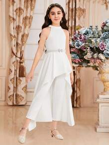 SHEIN Mono Halter Para Niñas Con Detalle De Dobladillo Con Volantes, De Color Sólido - Blanco - Ver 1