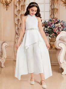 SHEIN Mono Halter Para Niñas Con Detalle De Dobladillo Con Volantes, De Color Sólido - Blanco - Ver 2