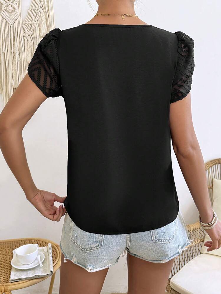 Women's Asymmetric Collar Petal Short Sleeve Blouse Summer Black Casual