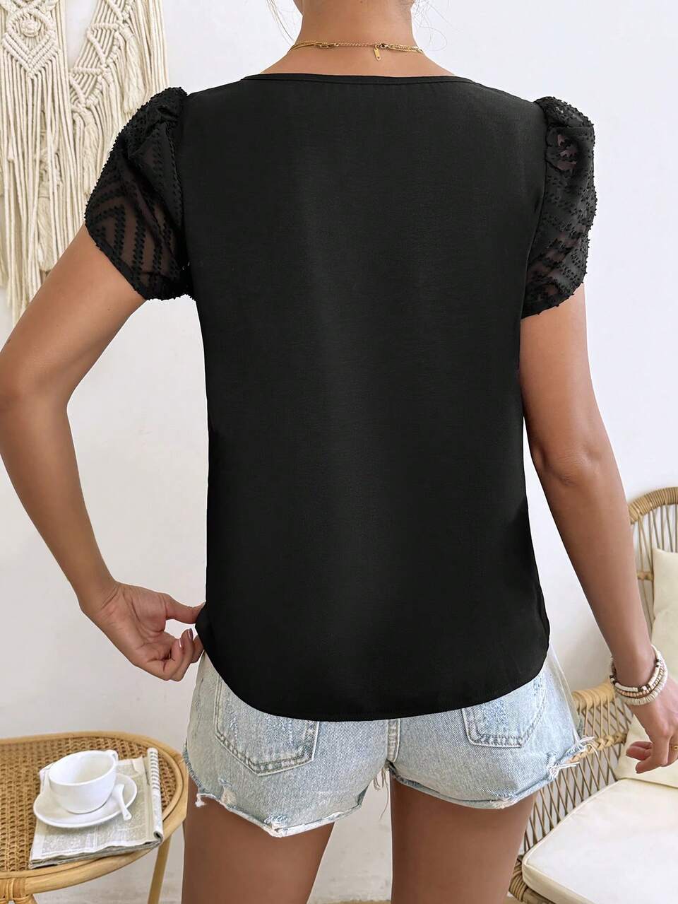 Women's Asymmetric Collar Petal Short Sleeve Blouse Summer Black Casual