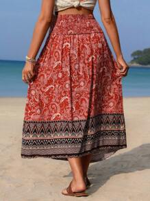 SHEIN 孕婦休閒風格彈性腰格紋印花裙 - 紅色 - 查看 2