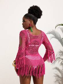 Slaydiva 夏季假期休閒款圓領流蘇邊鉤織玫瑰紅色女式迷你裙毛衣裙 - 玫紅色 - 查看 2