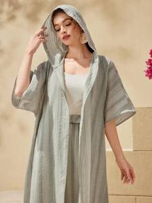 Al Najma Hooded Fringed Hem Open Front Coat And Straight Pants Two Pieces Set 2 Pieces Set - Green - View 5