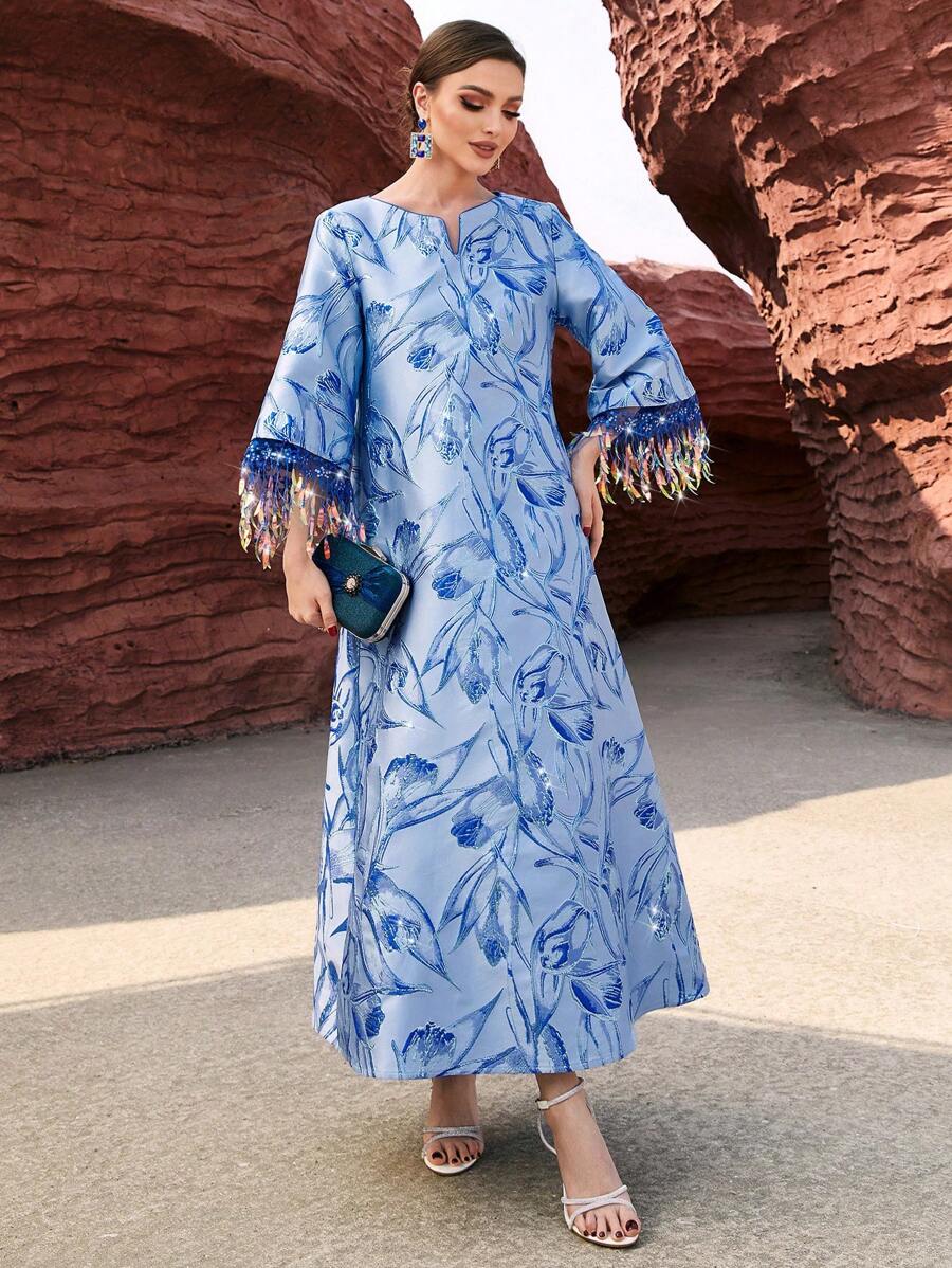 Layrah Blue Jacquard Glitter Trimmed Sleeves Arabic Long Kaftan Dress, Elegant Luxury Evening Party Style - Blue - View 1