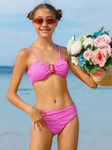 Teen Girl Striped Bikini Set Summer Beach - Pink - View 1