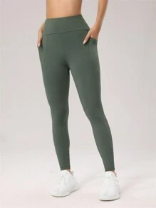 Sporty Green Leggings With Side Pockets - Army Green - View 4