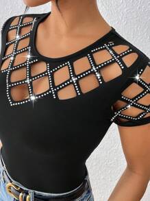 SHEIN LUNE 女士鑽石裝飾空心短袖t恤