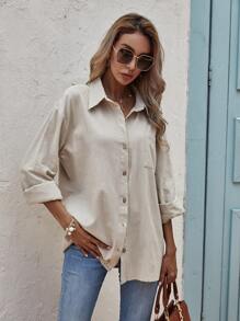 SHEIN Clasi Camisa casual de manga larga y gran tamaño de unicolor - Caqui - Ver 5