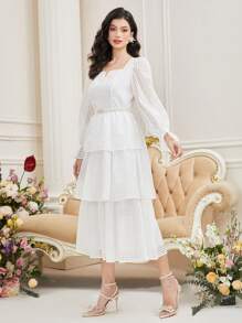 Modelyn Women's Flare Sleeve Multilayered Ruffle Hem Dress - White - View 6