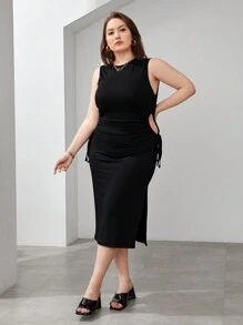 SHEIN Essnce 大尺碼女款鏤空腰部無袖連身裙 - 黑色 - 查看 4