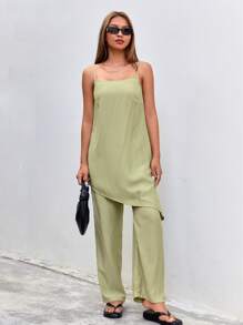 SHEIN Essnce Solid Color Asymmetrical Hem Camisole Top And Straight Pants Two Pieces Set - Green - View 6