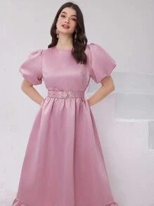 Modelyn Women's Round Neck Short Puff Sleeve Pink Dress With Ruffled Hem, For Spring, Summer - Pink - View 4