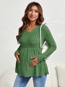 SHEIN Màu thuần Thai sản Đồ đan Ribbed Áo thun - Màu xanh Bạc hà - Xem 3