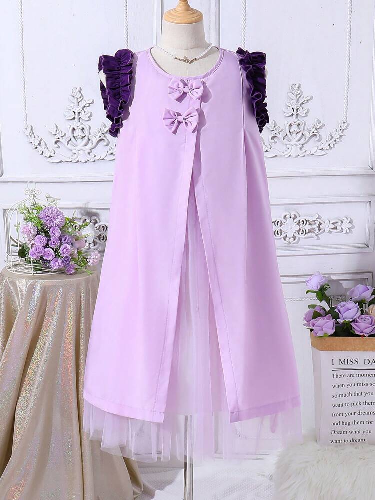 Tween Girls' Color Block Dress With Frill Trim And Bow Decor