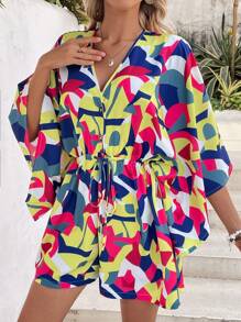 Breezaya V領一鈕連體褲,印花設計和h型蝙蝠袖 - 彩色 - 查看 5