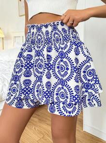 SHEIN LUNE Pflanzengedruckte High-waist-wrap-skorts Für Frauen - Blau - Übersicht 3