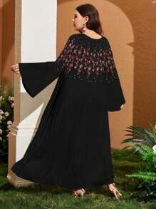 Seusyu In hoa Kích thước lớn Vòng cổ Tay áo chuông Đầm - màu đen - Xem 2