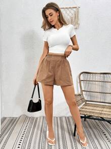 SHEIN Essnce 女士棕色編織束腰休閒短褲,適用於春夏季 - 棕色 - 查看 3