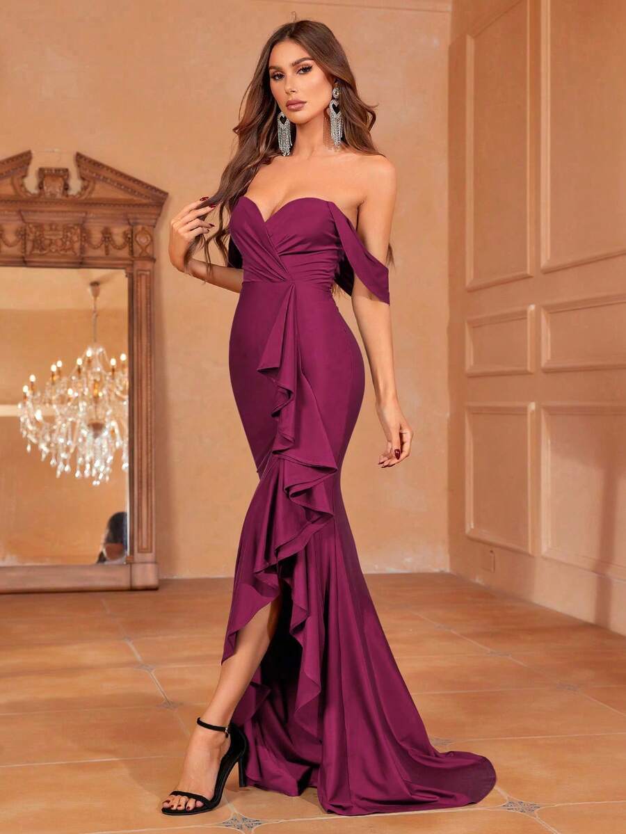 Faeriesty Váy dự tiệc hở vai xếp nếp xẻ tà - Màu Đỏ Sâu - Xem 1