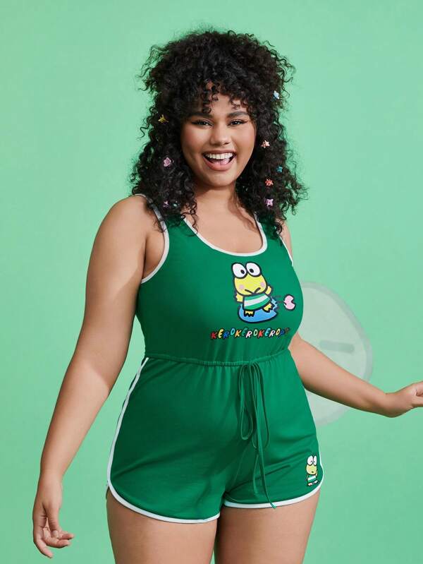 HELLO KITTY AND FRIENDS | SHEIN Plus Cartoon & Letter Print Contrast Binding Knot Waist Sleepwear Romper