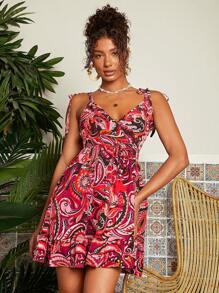 Travachic Holiday Paisley Print Spaghetti Strap Dress - Red - View 3