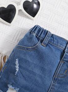 SHEIN 年轻女孩春夏波西米亚风粉色高腰松紧腰破洞牛仔裤洗水牛仔裤短裤 - 中等水洗藍 - 查看 5