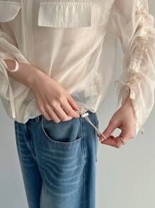 FRIFUL Ladies' Drawstring Long Sleeve Sheer Baseball Collar Jacket,Fall Women Clothes