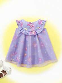 Gudetama X SHEIN Baby Girl Cartoon Print Ruffle Trim Dress - Purple - View 2